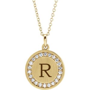 Real 14K Gold Diamond Halo Initial Personalized Disc Necklace