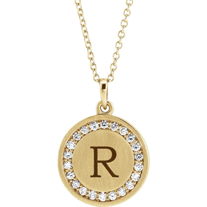 Real 14K Gold Diamond Halo Initial Personalized Disc Necklace