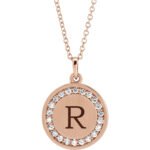 Real 14K rose Gold Diamond Halo Initial Personalized Disc Necklace