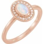 Real 14K rose Gold Oval AAA Australian White Opal Diamond Halo Ring
