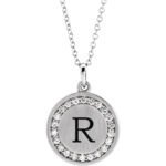Real 14K white Gold Diamond Halo Initial Personalized Disc Necklace