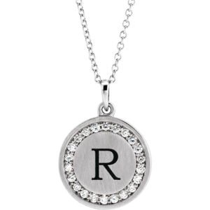 Real 14K white Gold Diamond Halo Initial Personalized Disc Necklace
