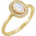 Real 14K yellow Gold Oval AAA Australian White Opal Diamond Halo Ring