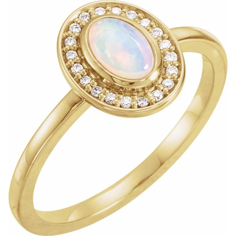 Real 14K yellow Gold Oval AAA Australian White Opal Diamond Halo Ring